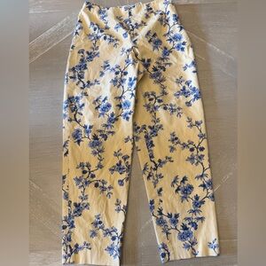 Talbots Spring Butter Yellow Stretch Trousers with Blue Floral Print for work